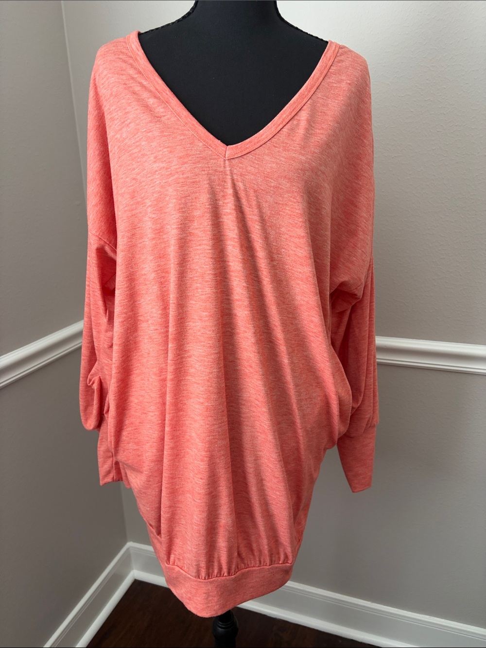 V-Neck Dolman Sweater Tunic in Coral Pink